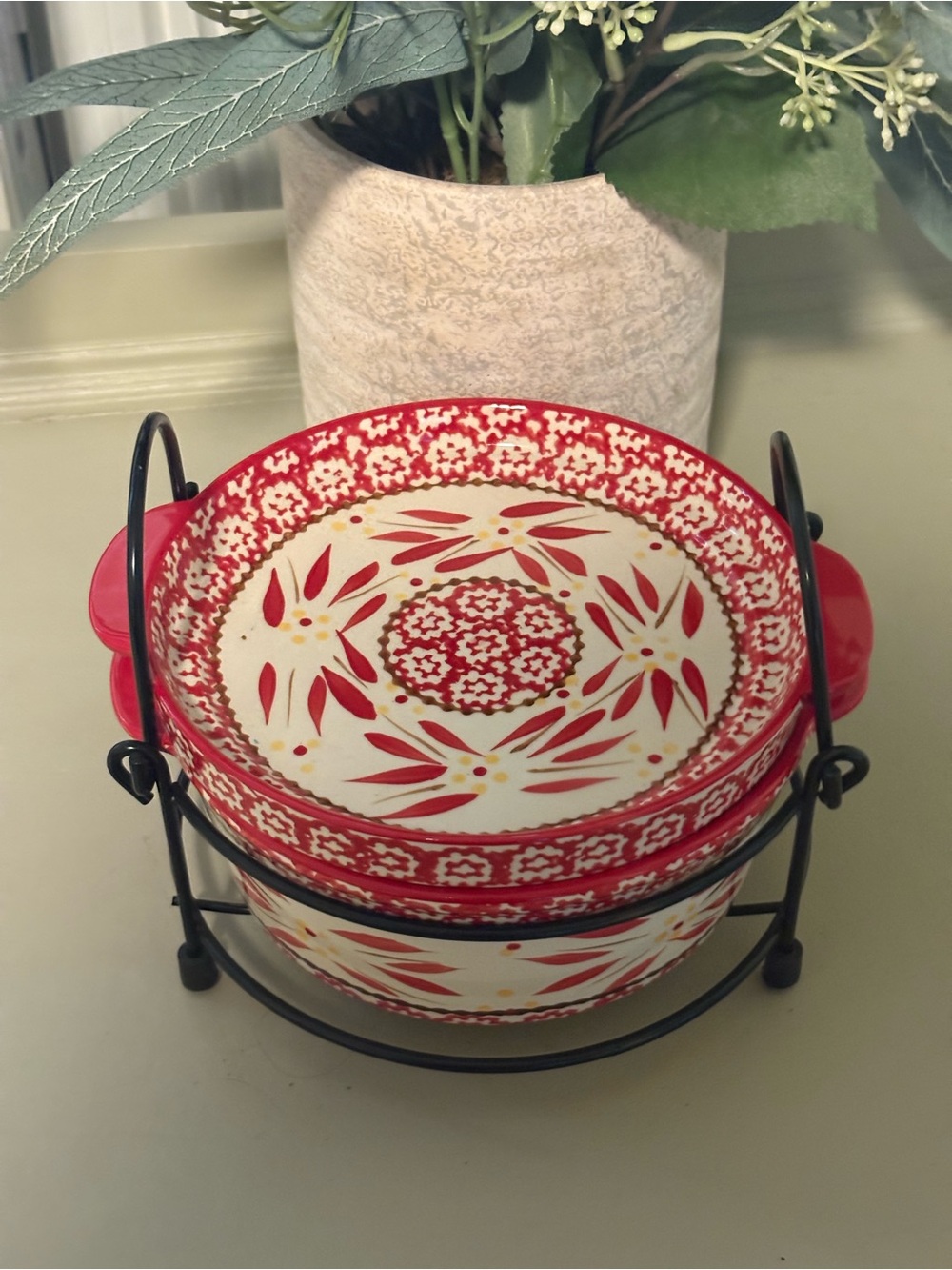 Temp-Tations Red and White Floral Ceramic Bowl Set with Black Stand